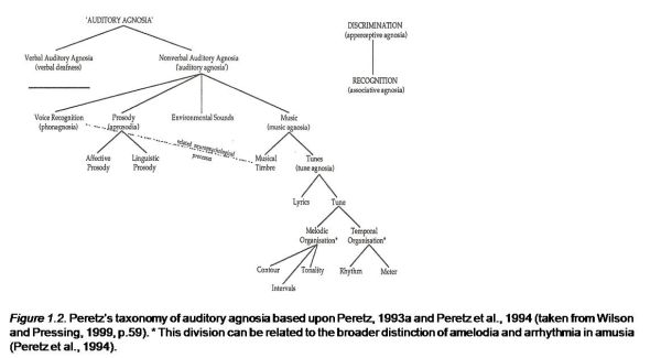 Peretz's taxonomy of auditory agnosia based upon Peretz, 1993a and Peretz et al., 1994 
(taken from Wilson and Pressing, 1999, p.59). * This division can be related to the broader distinction of amelodia and 
arrhythmia in amusia (Peretz et al., 1994).
