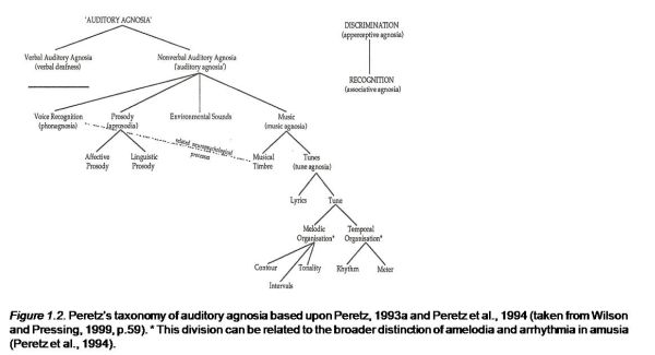 Peretz's taxonomy of auditory agnosia based upon Peretz, 1993a and Peretz et al., 1994 
(taken from Wilson and Pressing, 1999, p.59). * This division can be related to the broader distinction of amelodia and 
arrhythmia in amusia (Peretz et al., 1994).