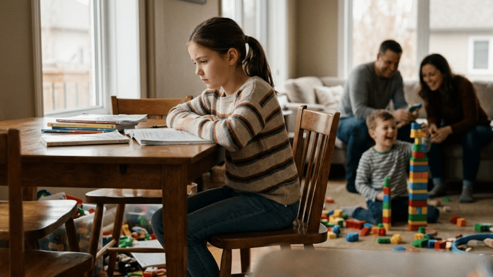 a girl sitting at a table looking at schoolwork while a family plays with colorful blocks in the background