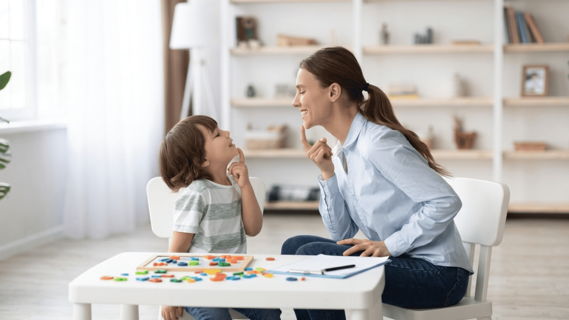 a woman and a young boy point to their chins during a learning session