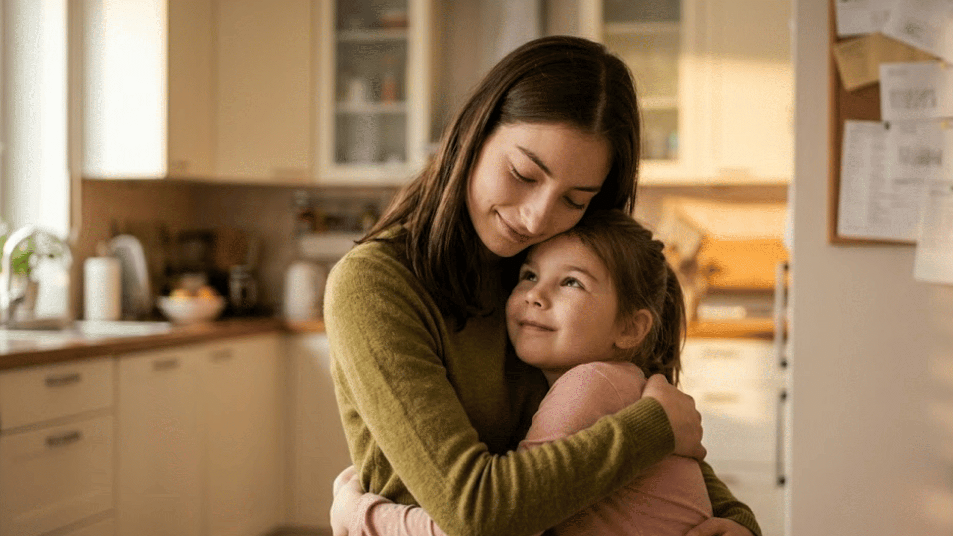a woman hugging a young girl in a kitchen while sharing a warm affectionate moment and smiling at each other