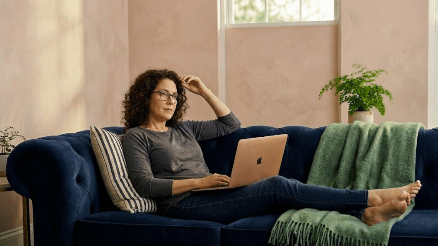 an image of a woman resting on a blue couch with her laptop in a minimal pink room