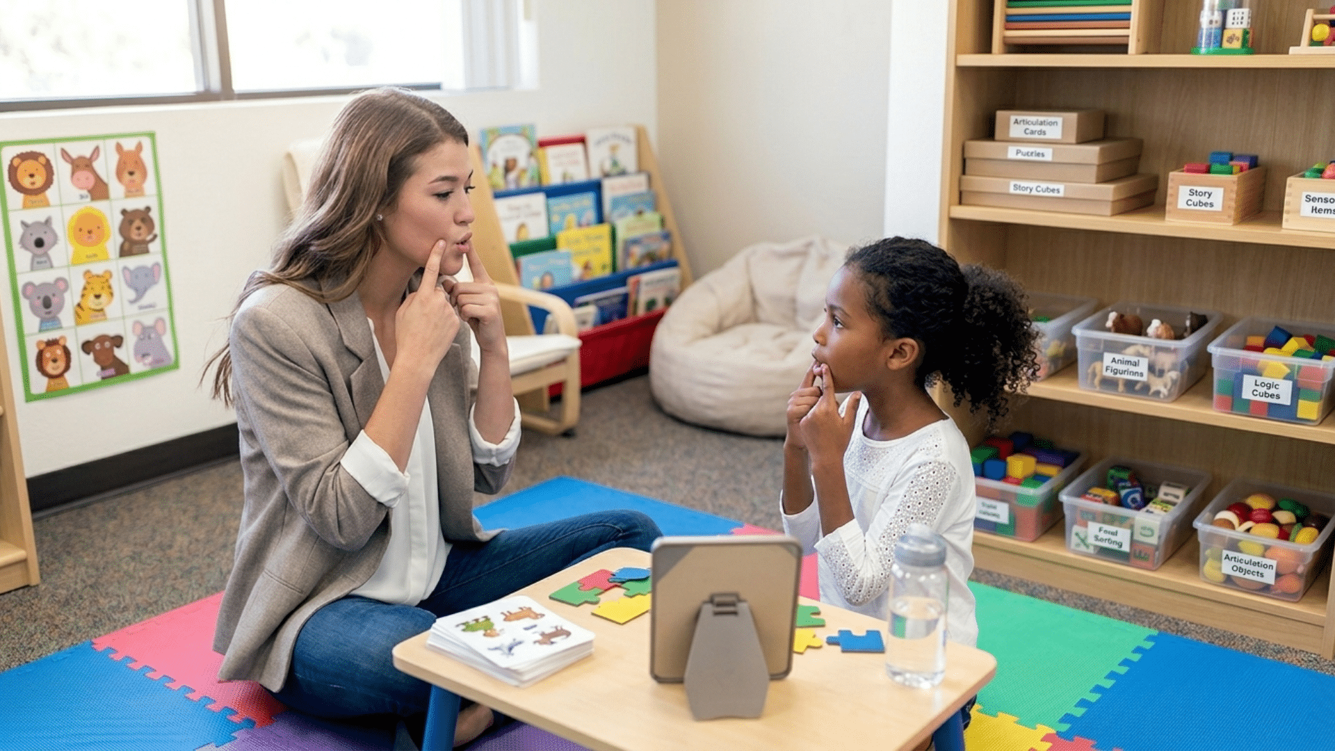 child working with speech therapist to improve language development and speaking confidence