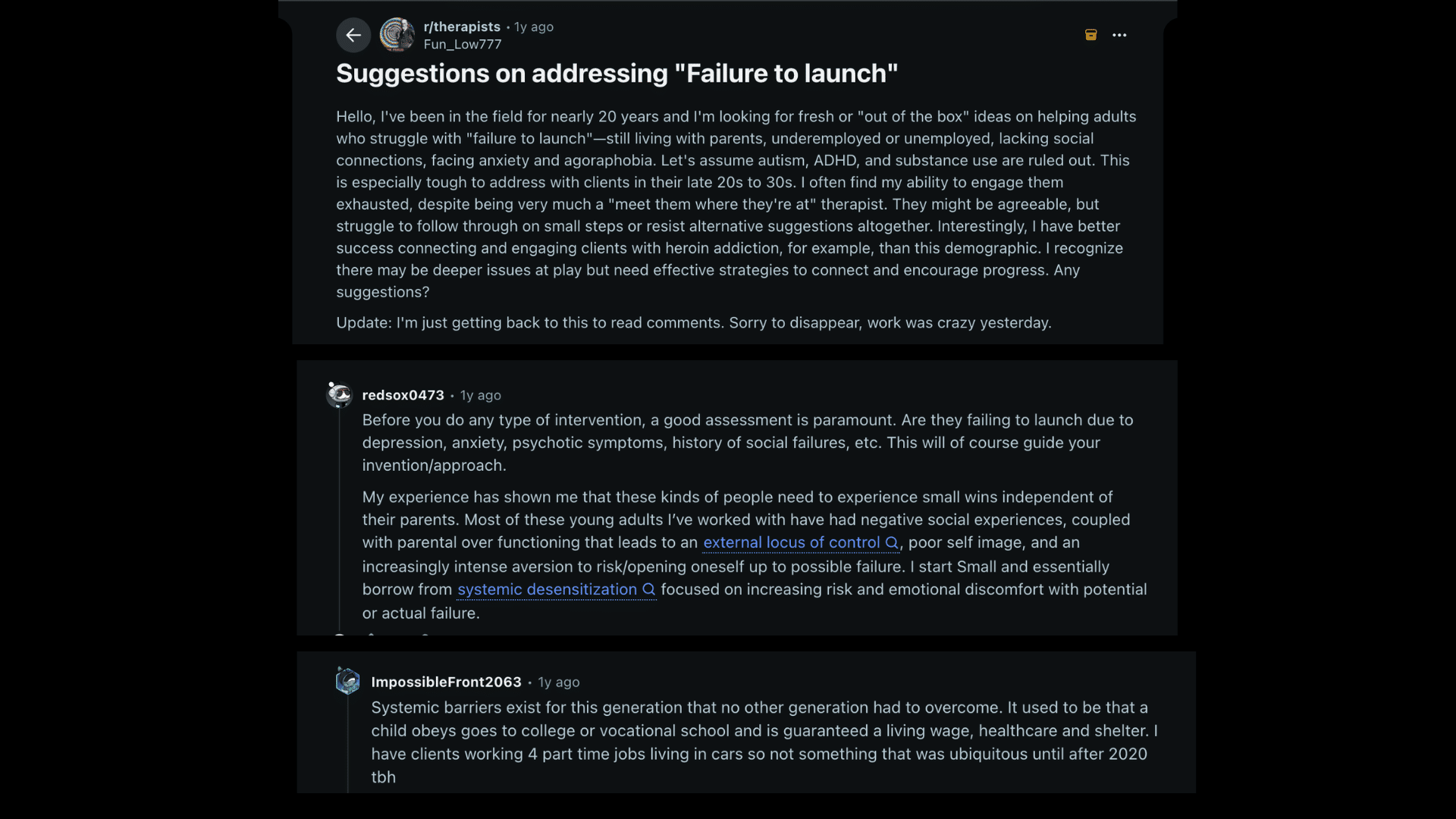 reddit users sharing personal experiences and advice about failure to launch syndrome and adult life struggles