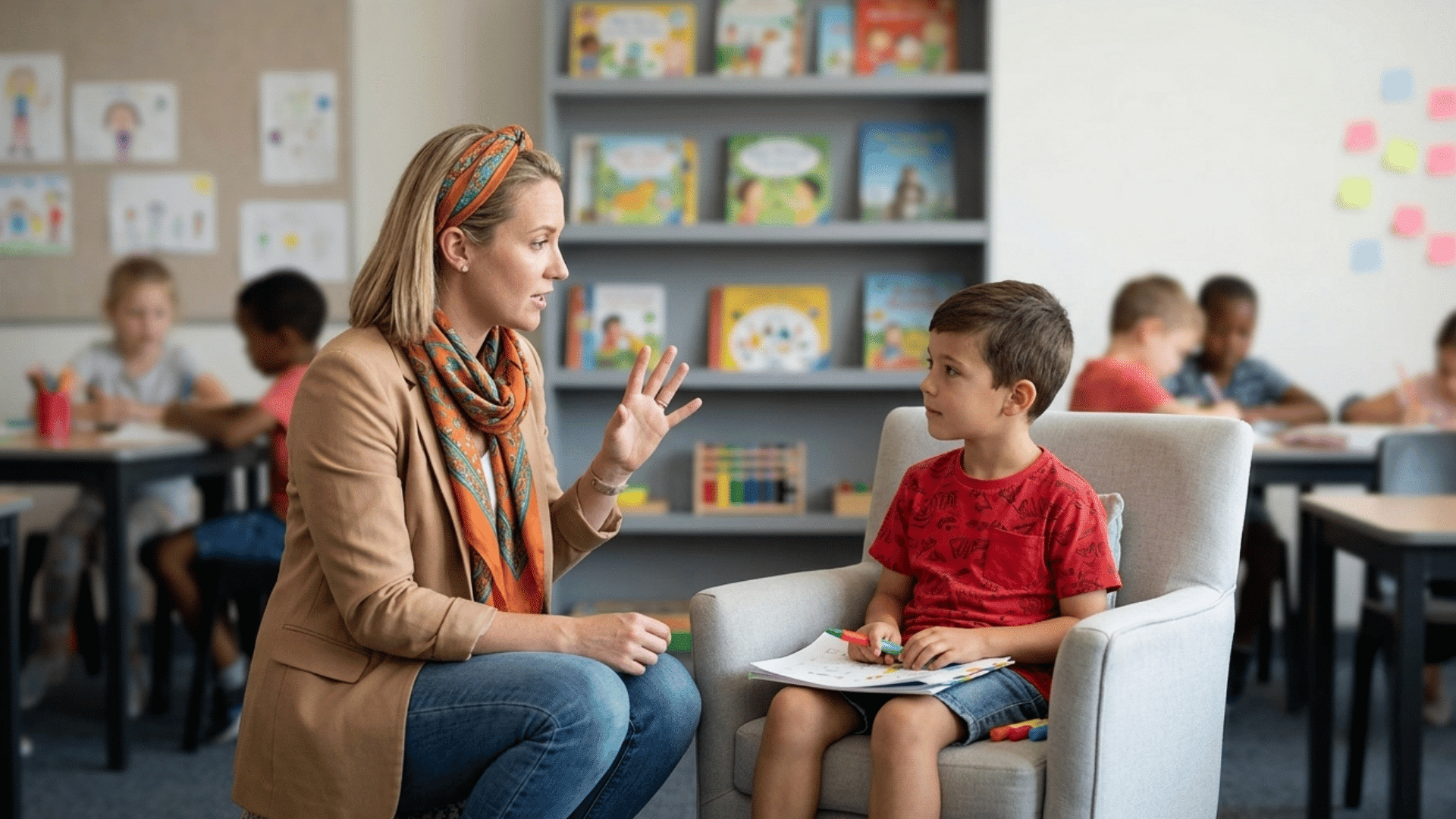 teacher talking to young boy in classroom during learning activity