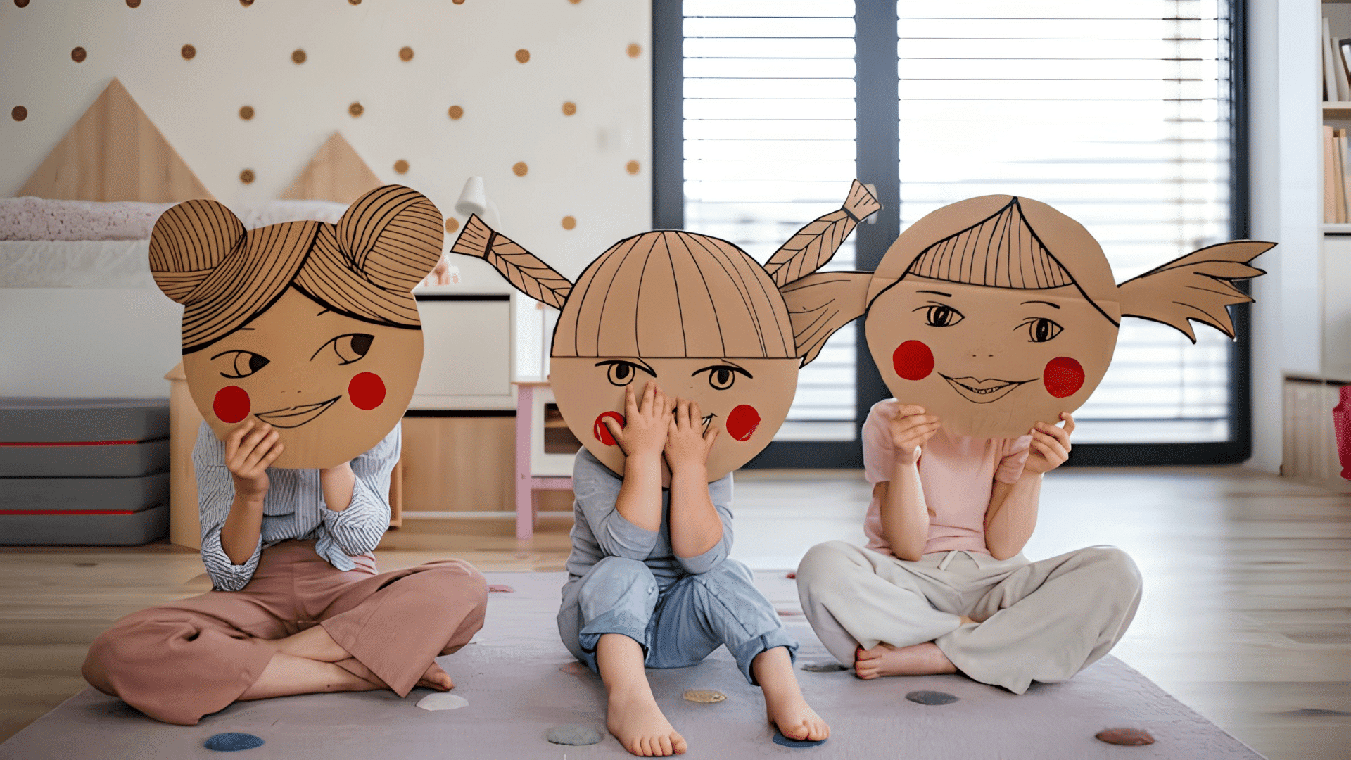 three children sitting on a rug wearing handmade cardboard face masks during indoor playtime