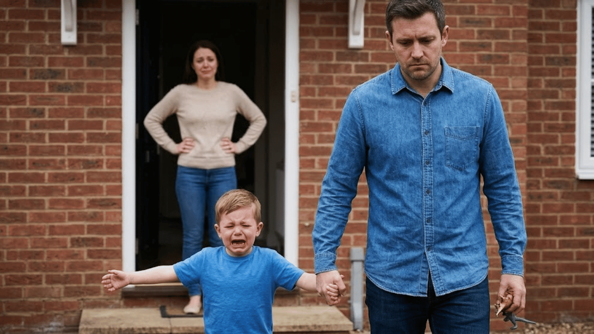 upset child being led away by parent during custody conflict while another parent watches from doorway