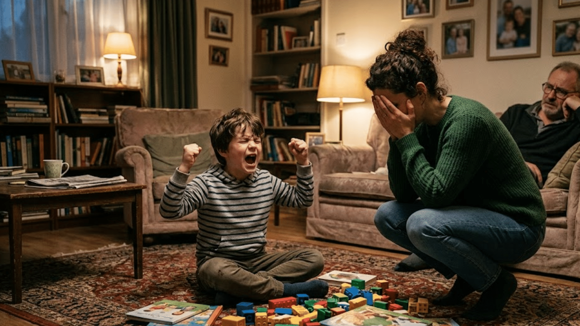 young boy sitting on living room floor yelling with raised fists while distressed woman crouches nearby and man watches