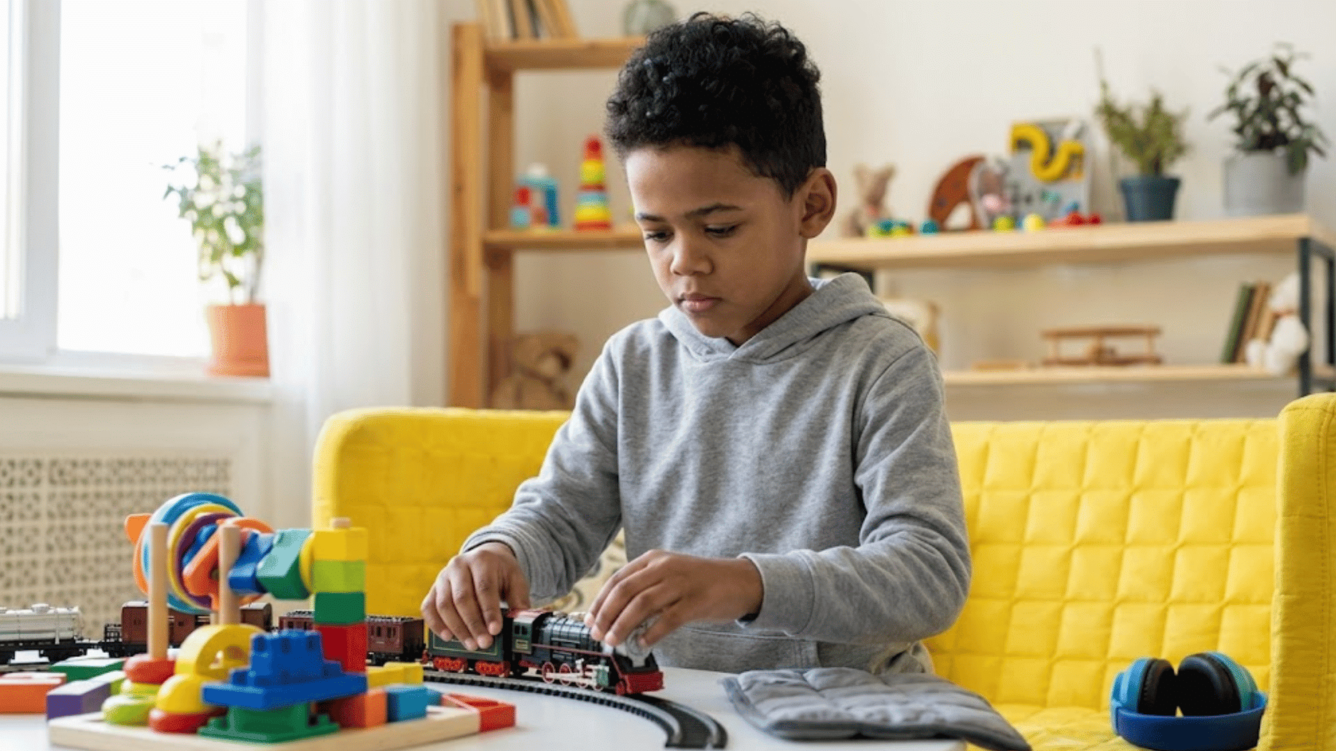 young child sitting at a table playing with a toy train set and colorful blocks in a bright playroom at home