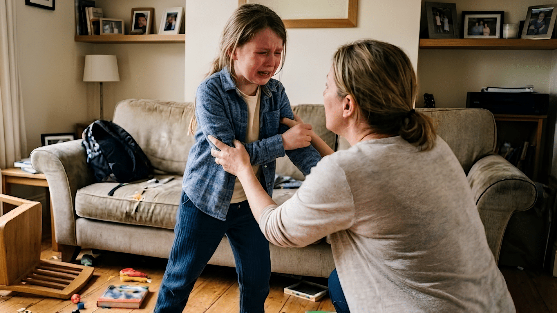 young girl standing and crying in a messy living room while woman kneels nearby gently reaching out to comfort her