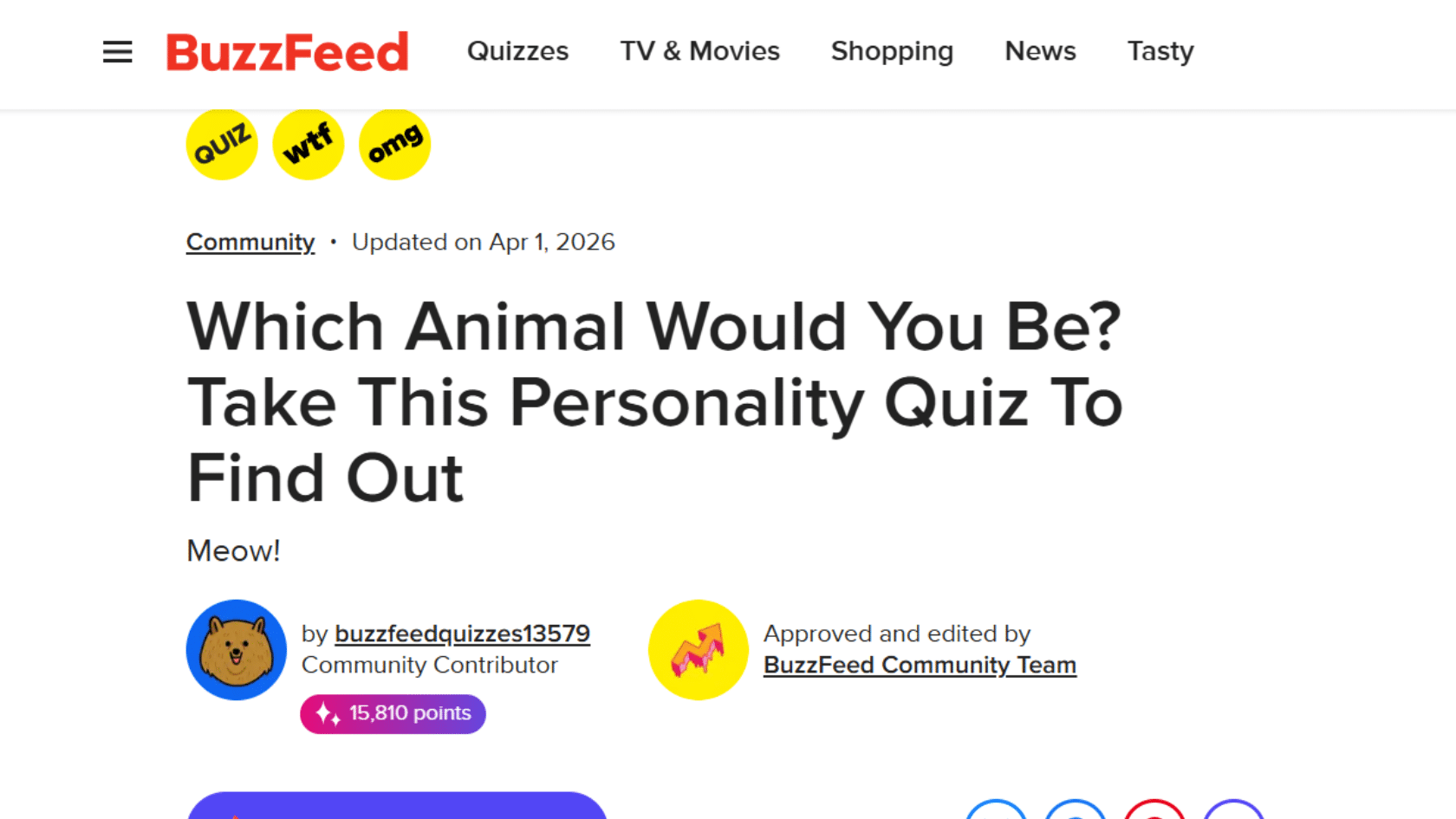 a buzzfeed personality quiz page asking which animal would you be with options and social sharing buttons at the bottom