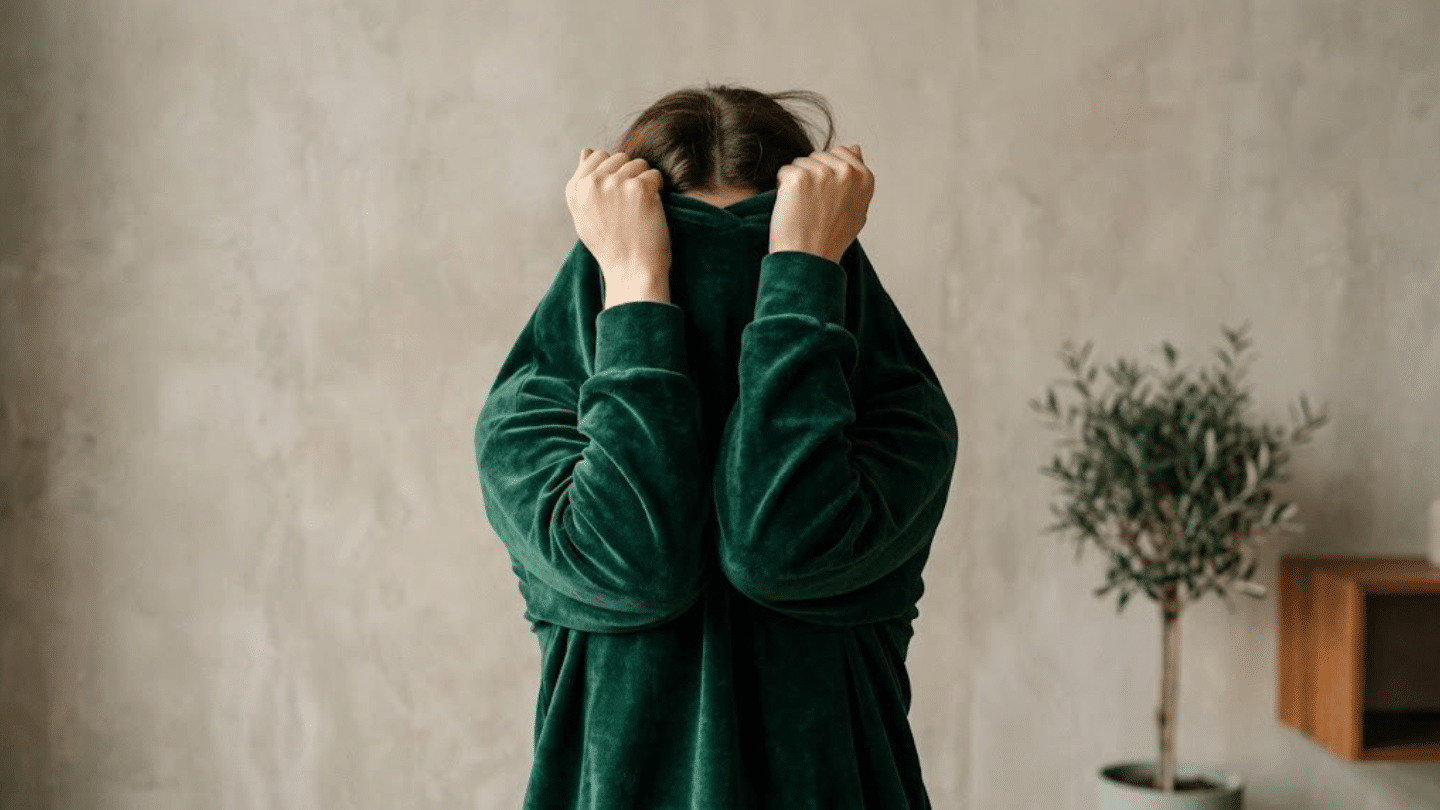 a figure in a deep emerald velvet hoodie, hiding their face and hands in the texture to evoke a sense of quiet introspection