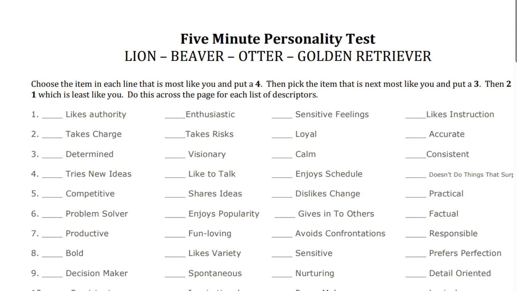 a five minute personality test document displaying lists of descriptor traits for lion beaver otter and golden retriever categories