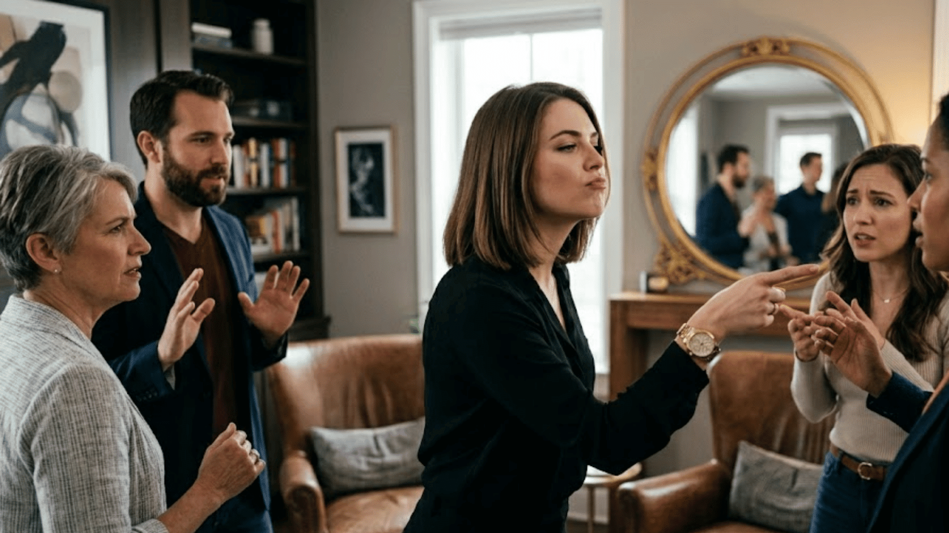 a group of people argue in a living room as one woman points while others respond with worried gestures