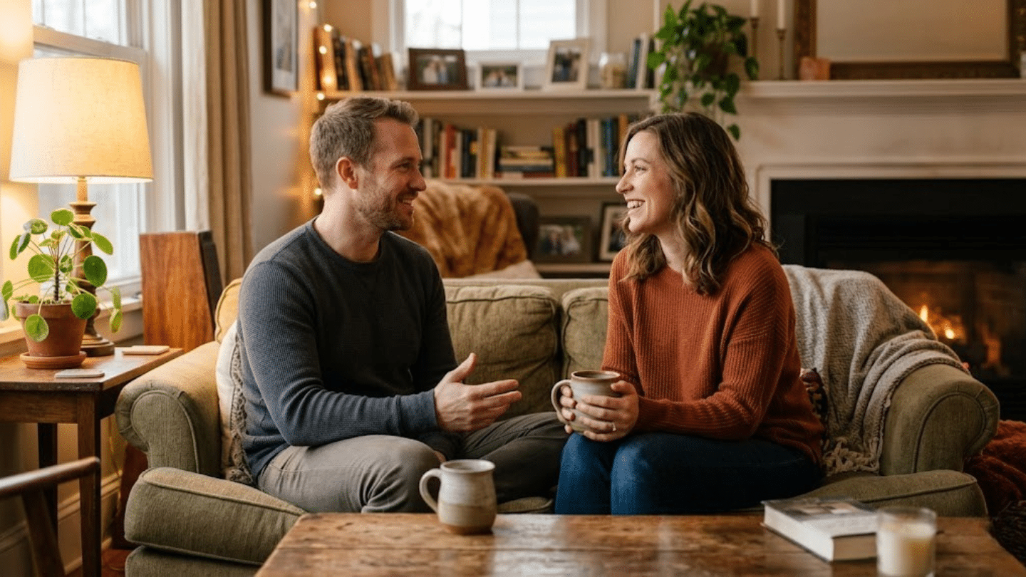 a happy couple talking while sitting on a cozy green sofa in a warm living room in front of a fire