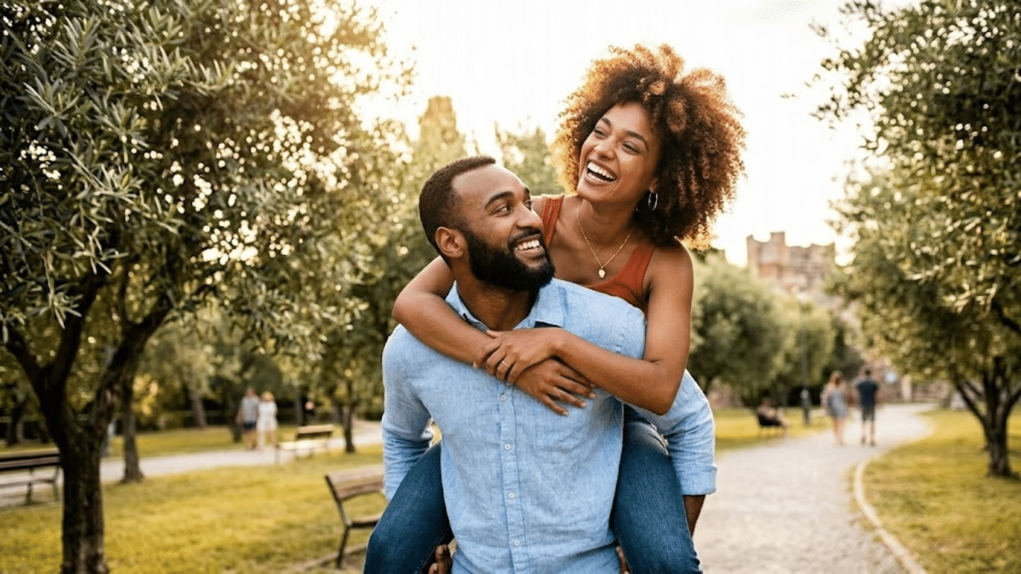 a joyful man with a beard gives a piggyback ride to a smiling woman with curly hair in a sunny park