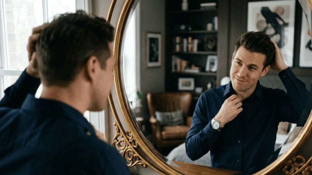 a man adjusts his shirt and hair while looking into an ornate mirror in a softly lit bedroom setting (1)