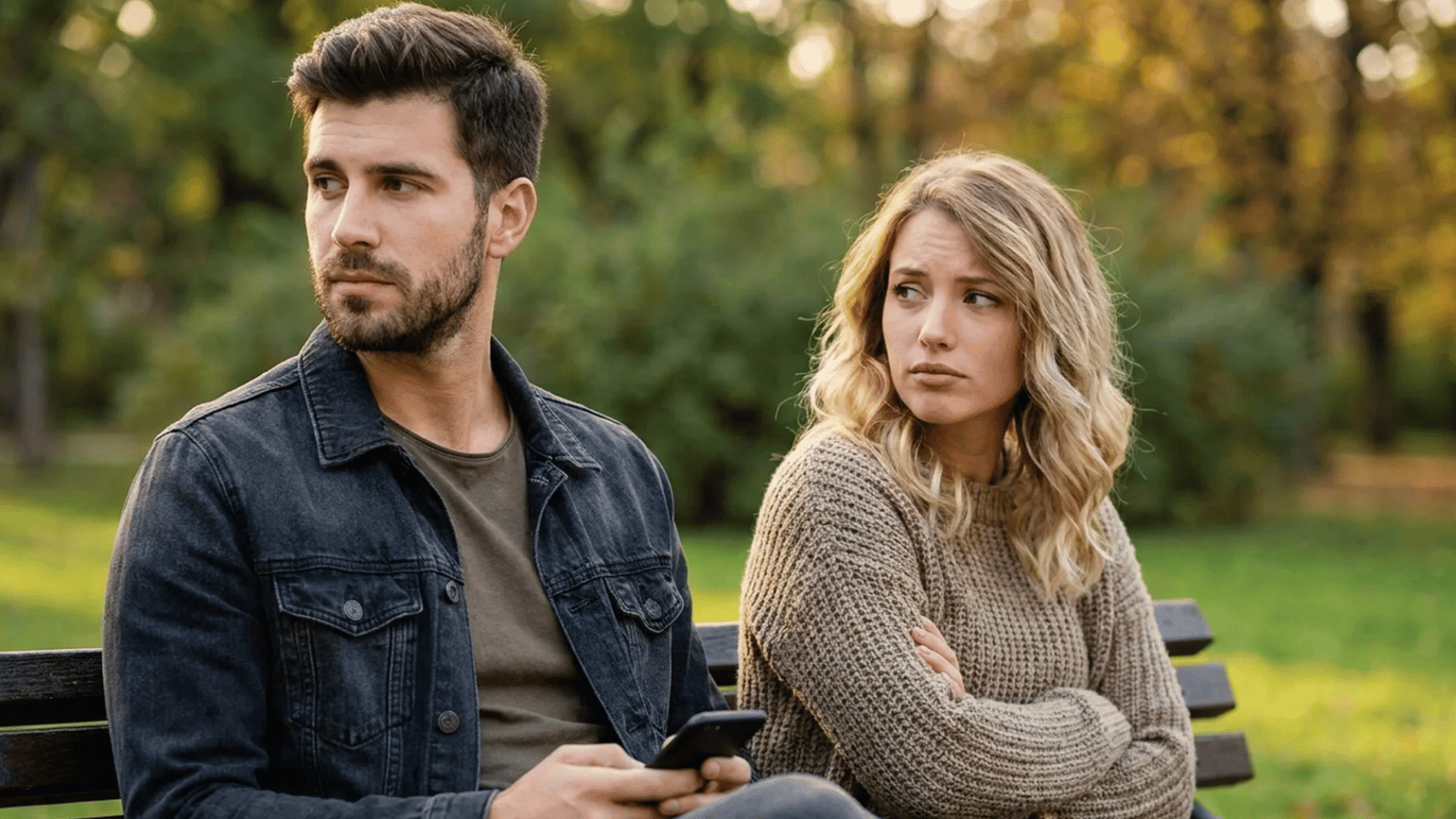 a man holding a phone looks away while a woman sits beside him with crossed arms appearing upset on a park bench