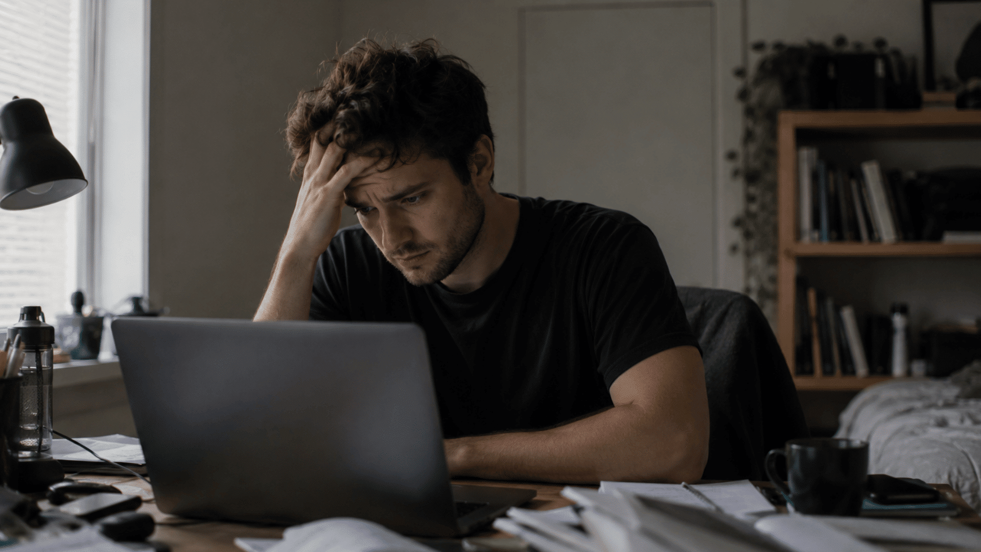 a man sitting at a desk holding his head while looking at a laptop surrounded by papers in a home office room