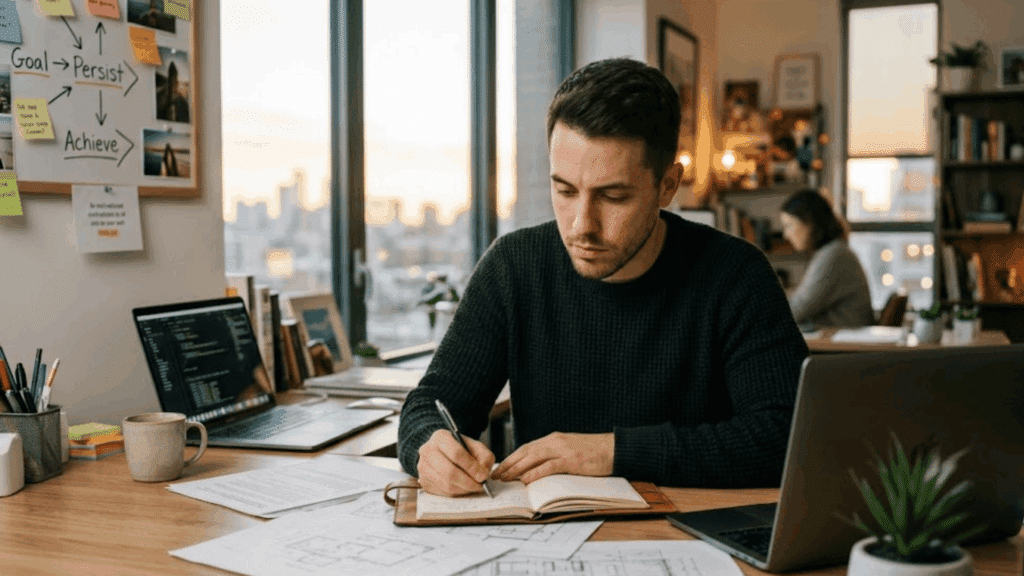 a man writing notes in a notebook at a desk with laptops papers and a city view while another person works in the background (1)