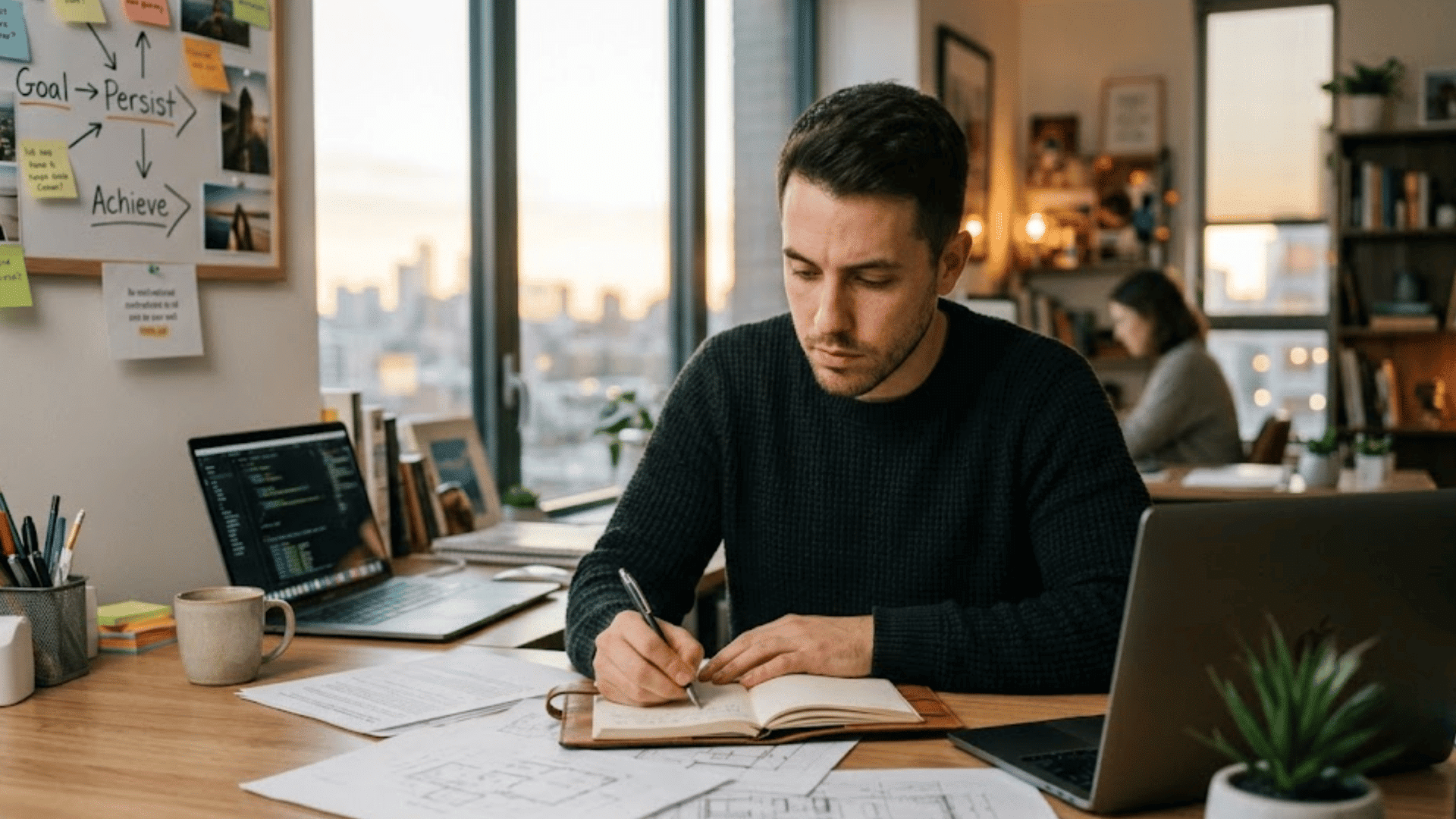 a man writing notes in a notebook at a desk with laptops papers and a city view while another person works in the background (1)