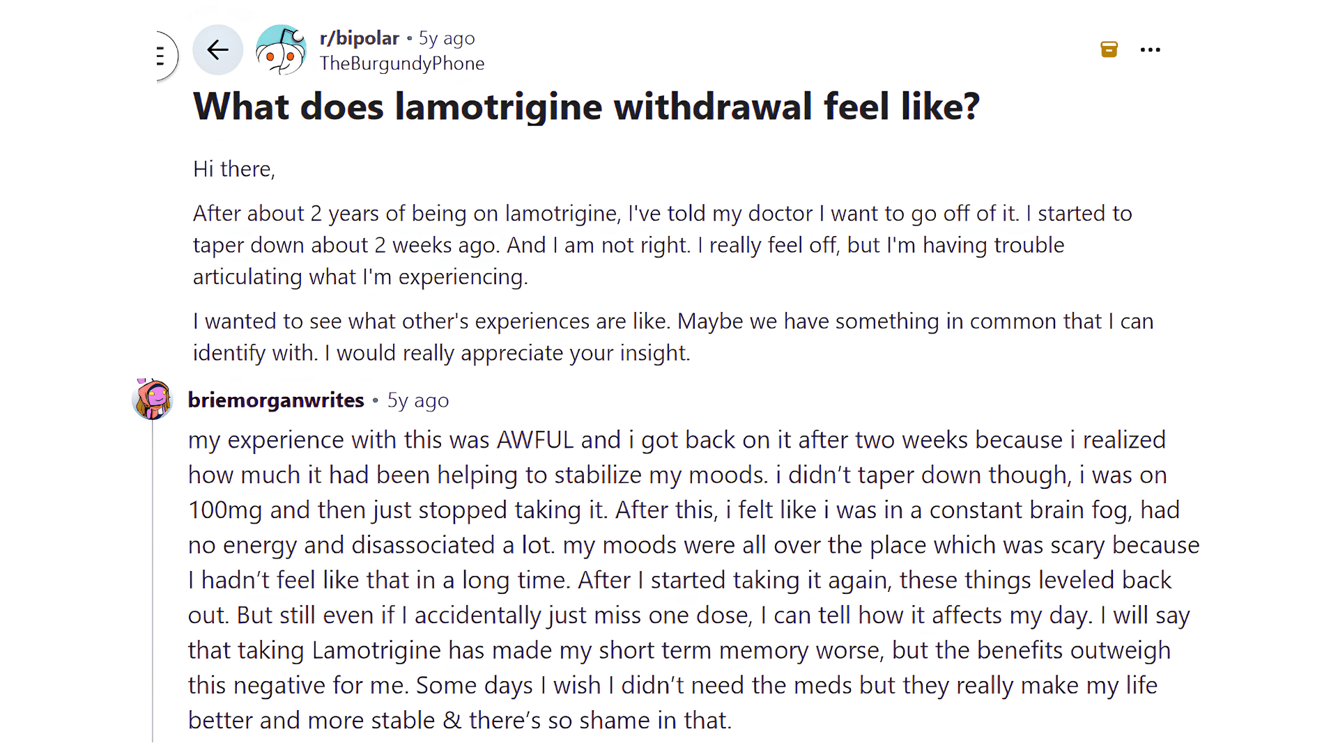 a reddit user asks about lamotrigine withdrawal while another shares struggles with brain fog and mood changes (1)