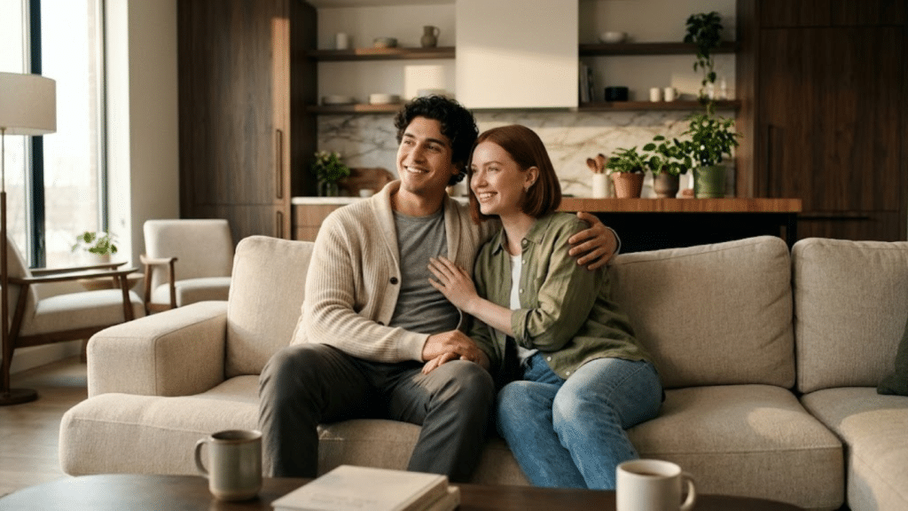 a smiling couple sits close on a couch in a cozy modern apartment showing what is emotional intimacy through affectionate connection