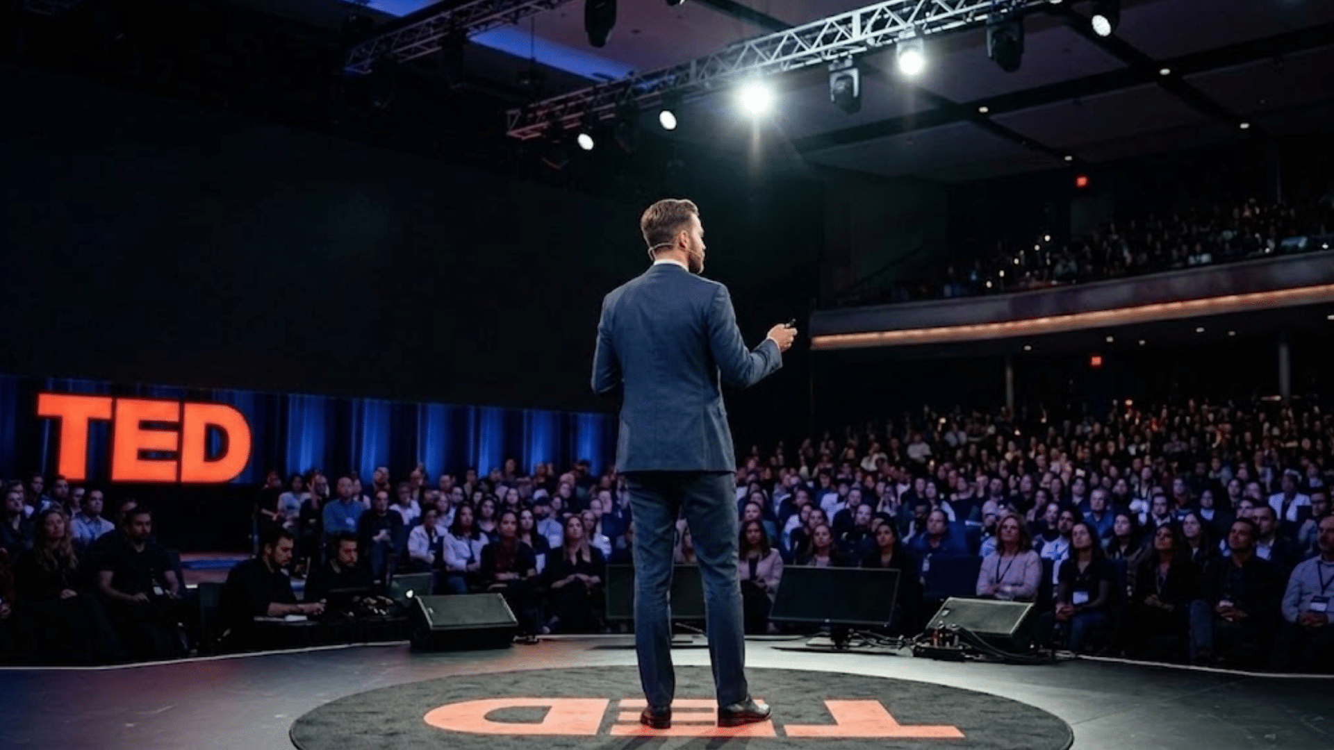 a speaker standing on a ted stage addressing a large audience in a conference hall under bright spotlights