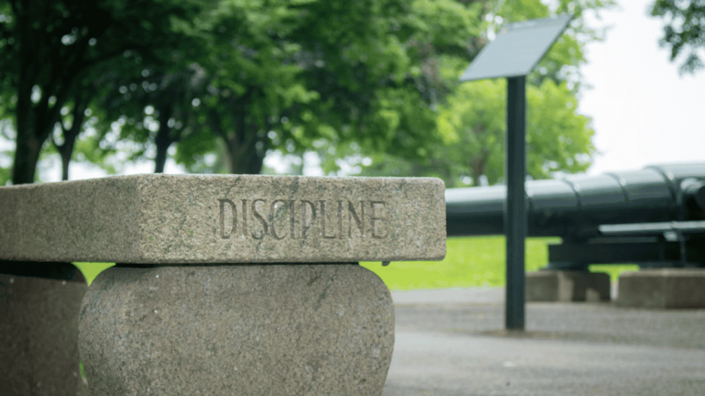 a stone bench engraved with discipline sits in a green park near an informational sign and black cannon