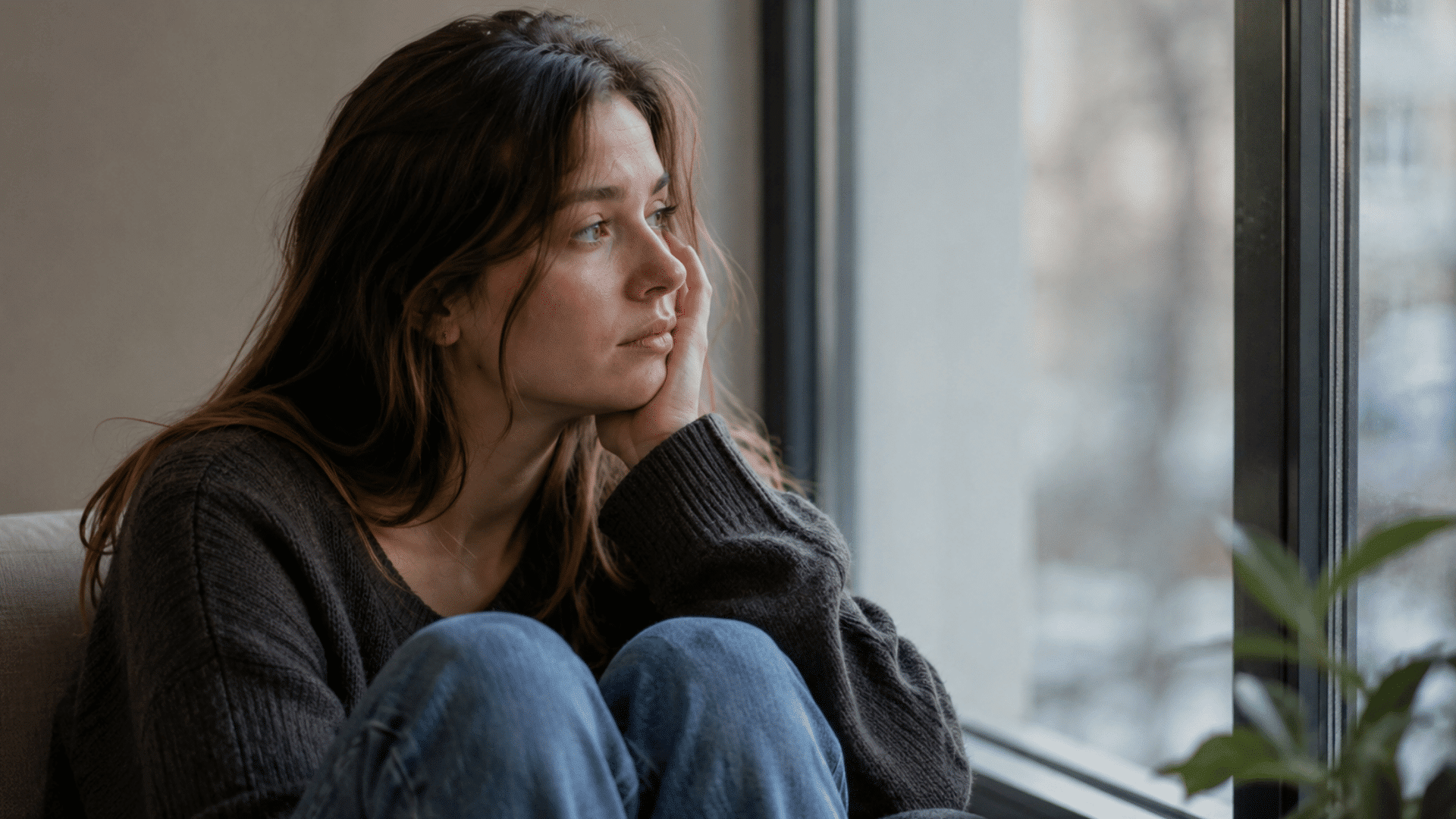 a woman sitting by a window with her knees drawn up resting her face on her hand while looking outside thoughtfully
