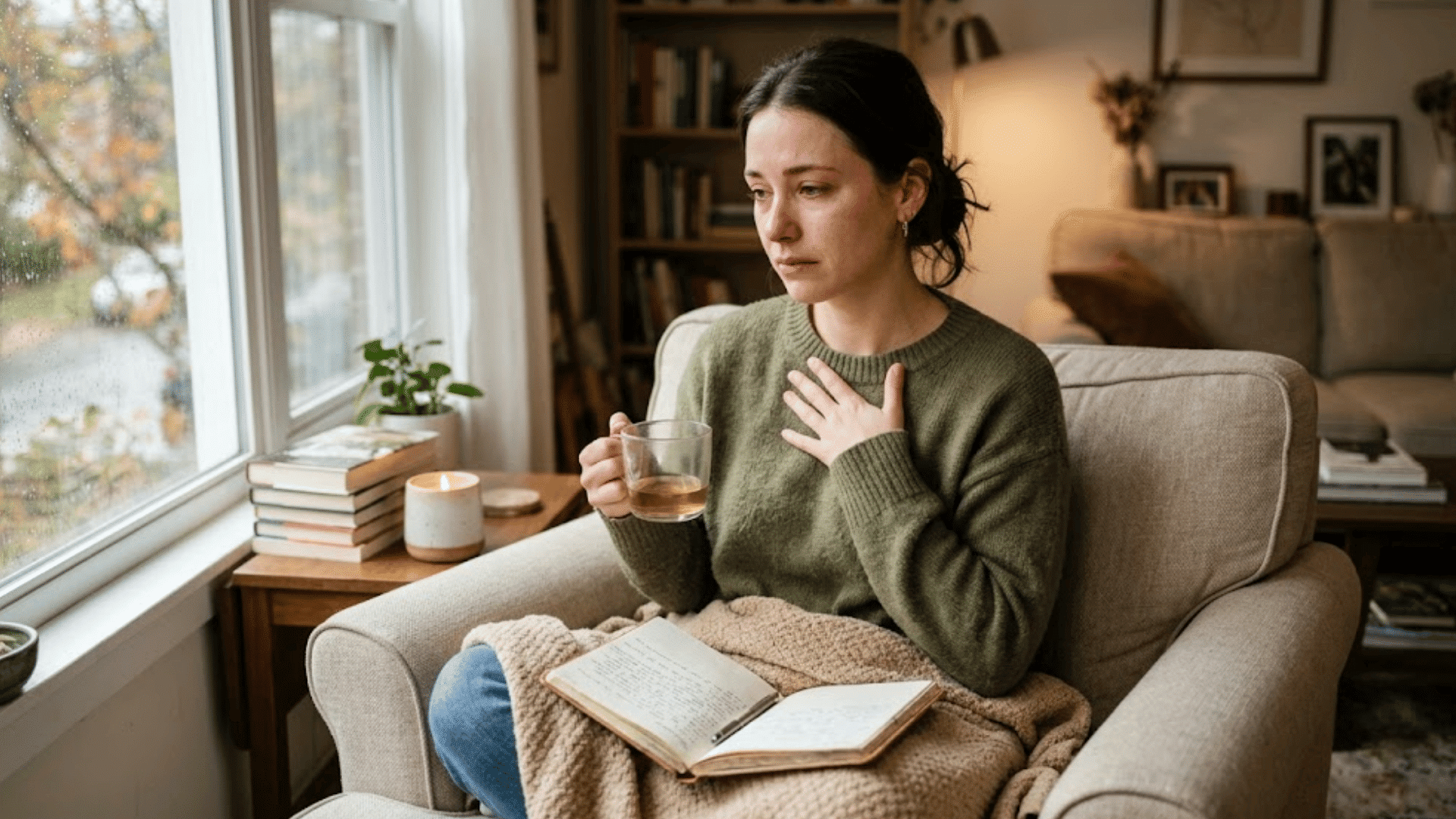 a woman sitting in an armchair holding a warm drink with a journal on her lap looking out a rainy window with teary eyes