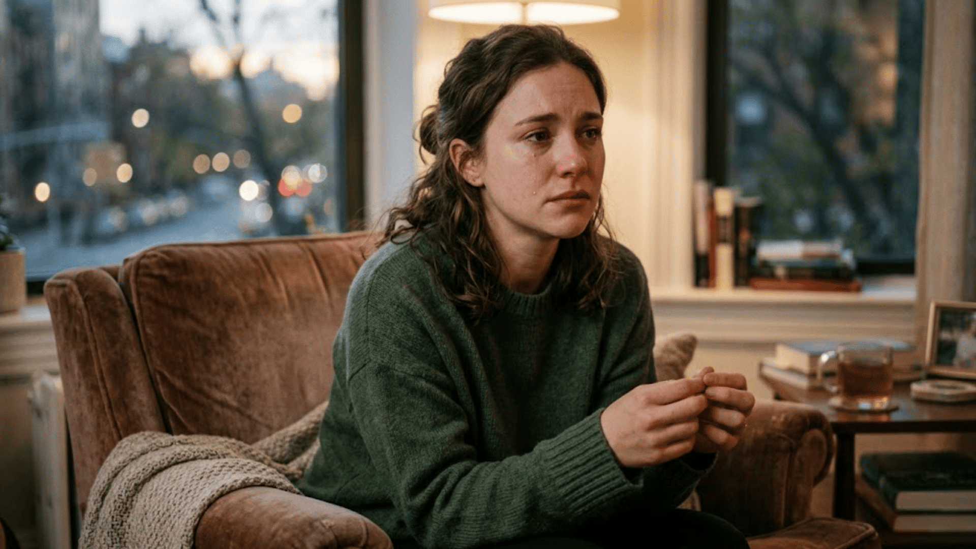 a woman sitting in an armchair with teary eyes holding her hands together in a warmly lit living room at dusk
