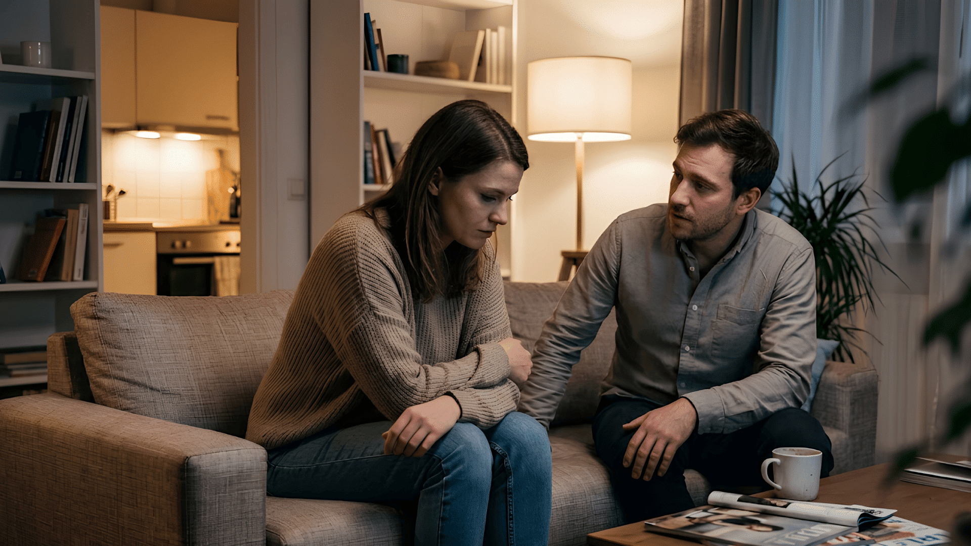 a woman sitting on a sofa looking distressed while a man speaks with her in a warmly lit living room