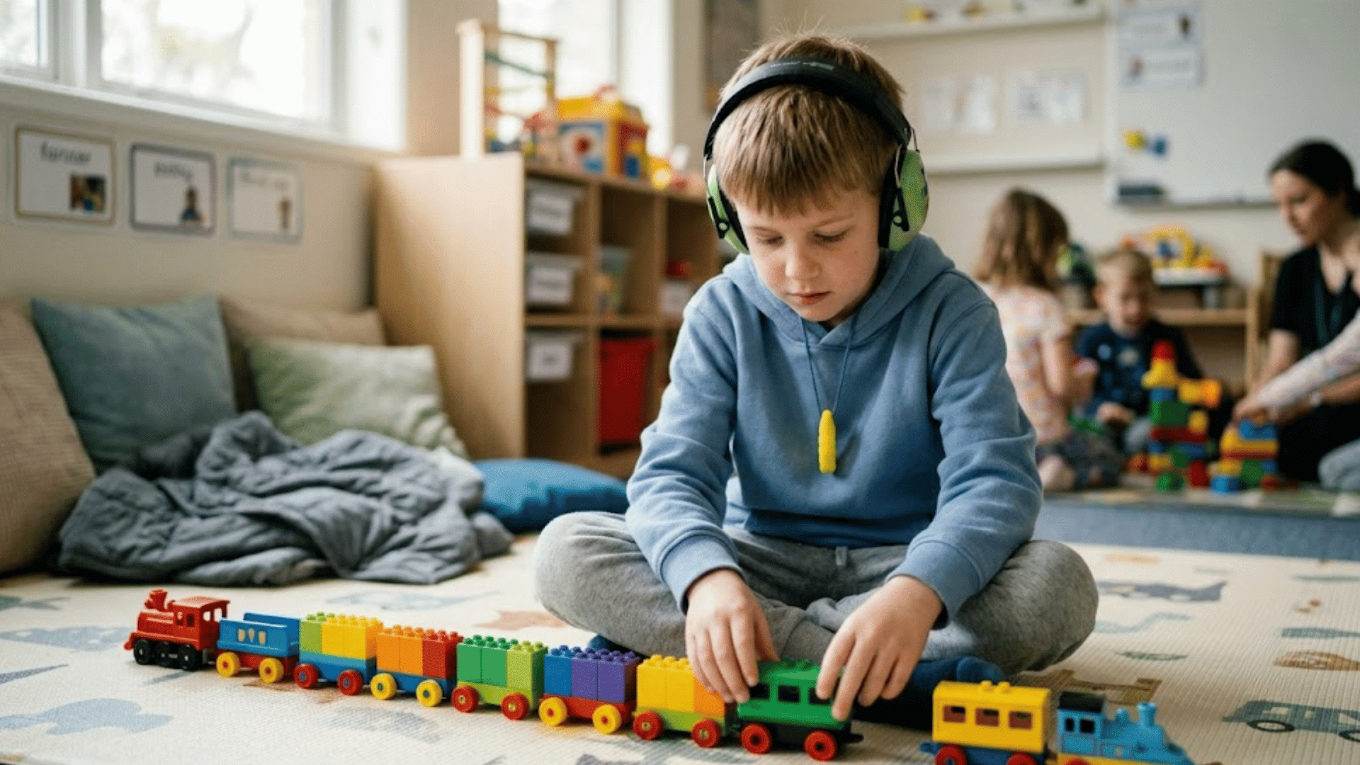 a young boy wearing headphones sits on a classroom floor carefully playing with a colorful toy train while other children play nearby