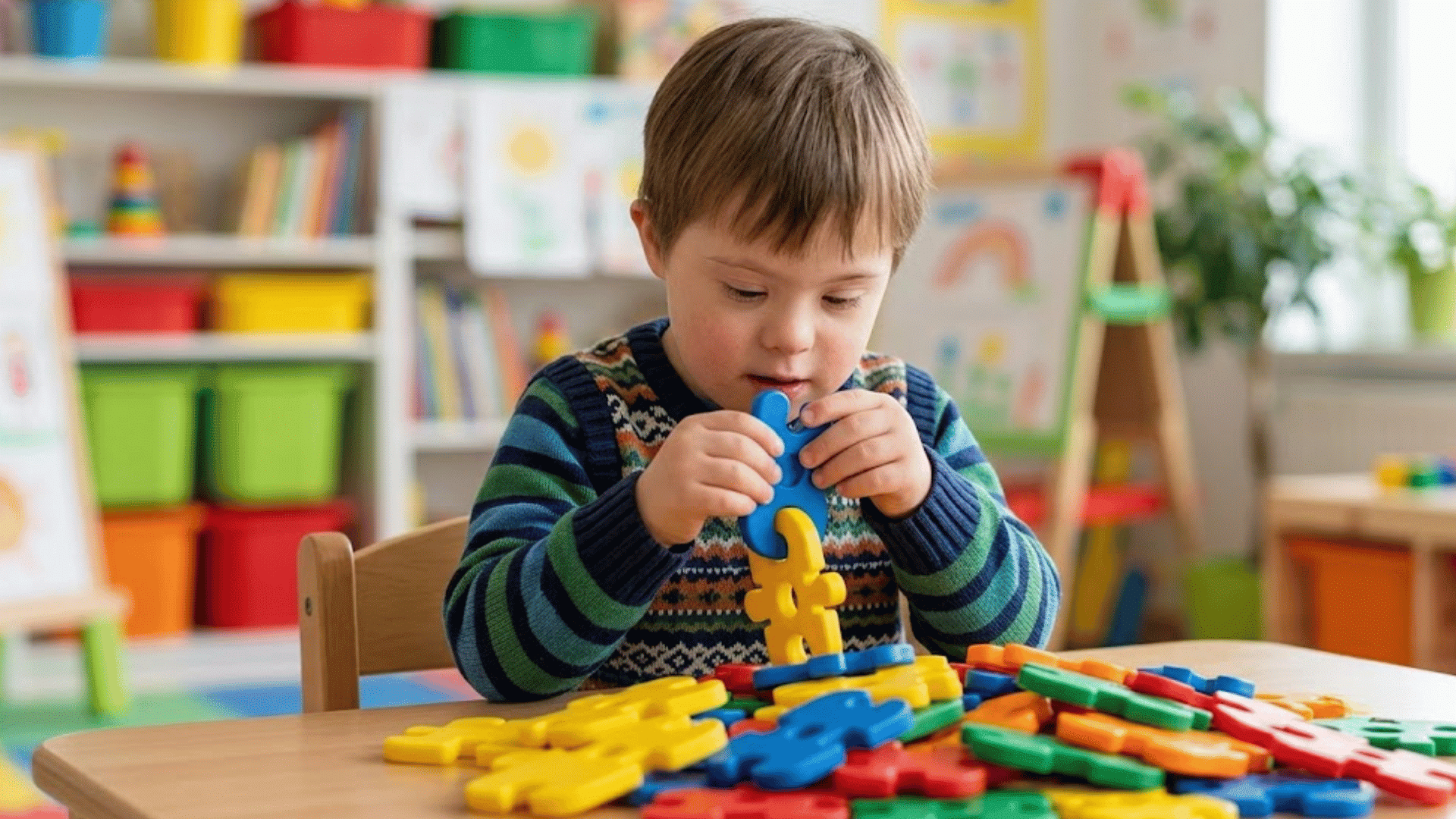 a young child sits at a classroom table carefully connecting colorful puzzle pieces during a focused learning activity