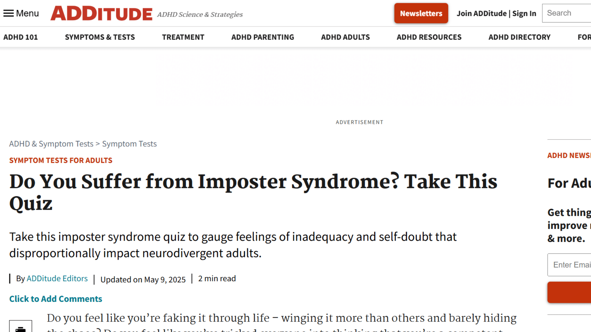 additude website featuring an imposter syndrome quiz headline tailored for neurodivergent adults and those with add