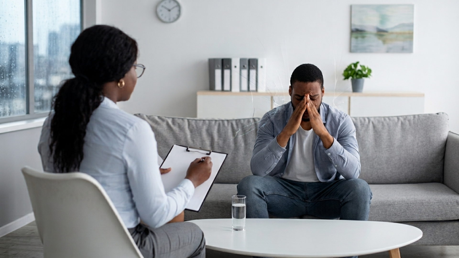 adult holding their head while struggling with intrusive thoughts anxiety and sleep problems linked to ptsd