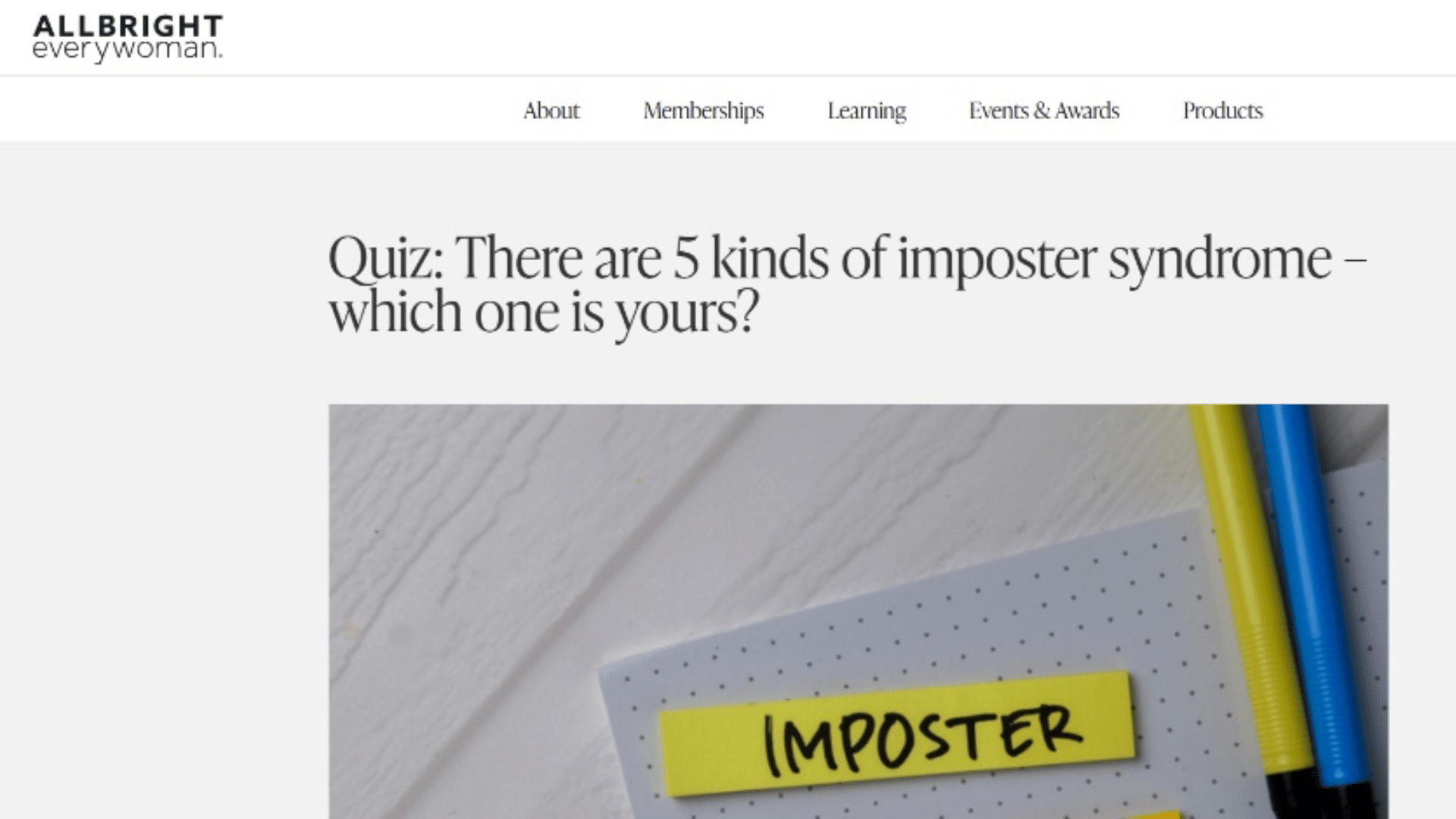 allbright everywoman website displaying an imposter syndrome quiz headline above a notepad with a yellow sticky note