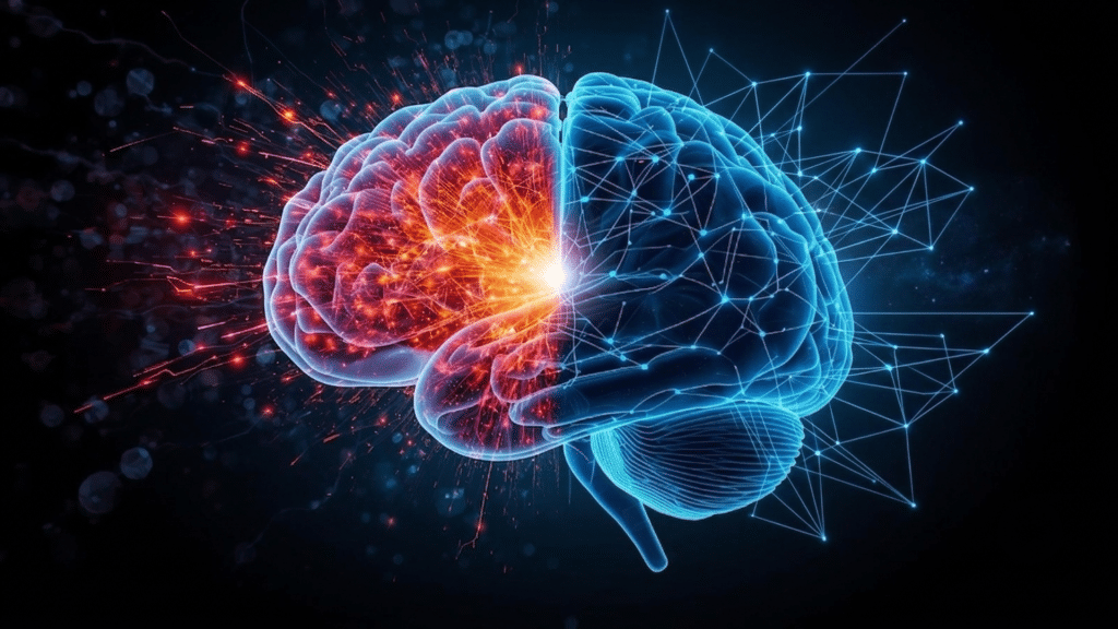brain illustration highlighting interconnected neural networks and active regions associated with motivation and decision making