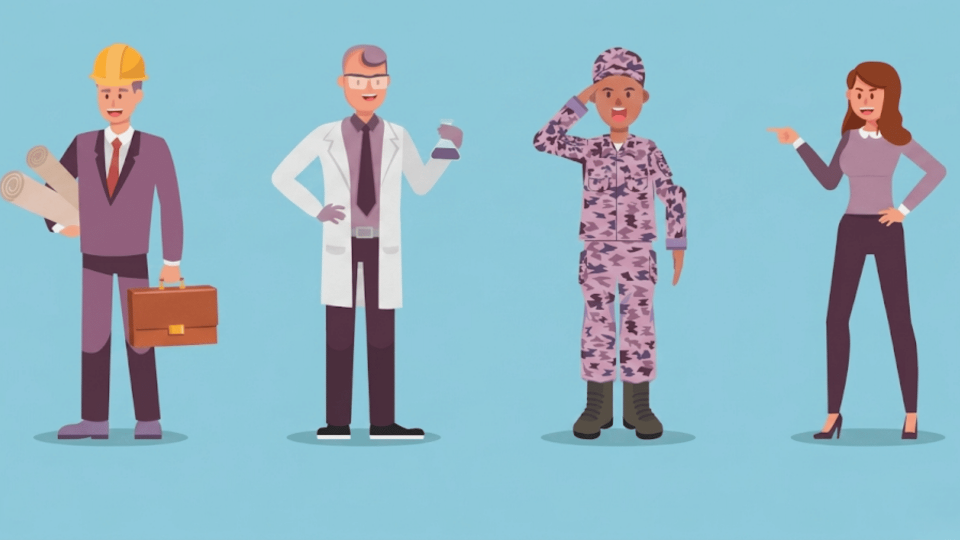 cartoon showing four mbti personality types as engineer scientist soldier and office worker