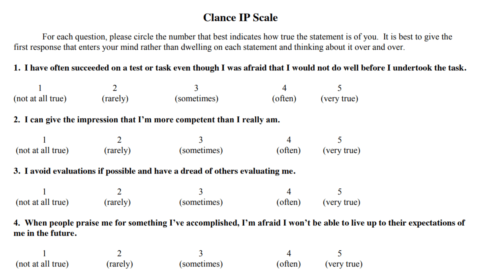 clance ip scale test document showing five numbered questions with multiple choice rating options ranging from one to five