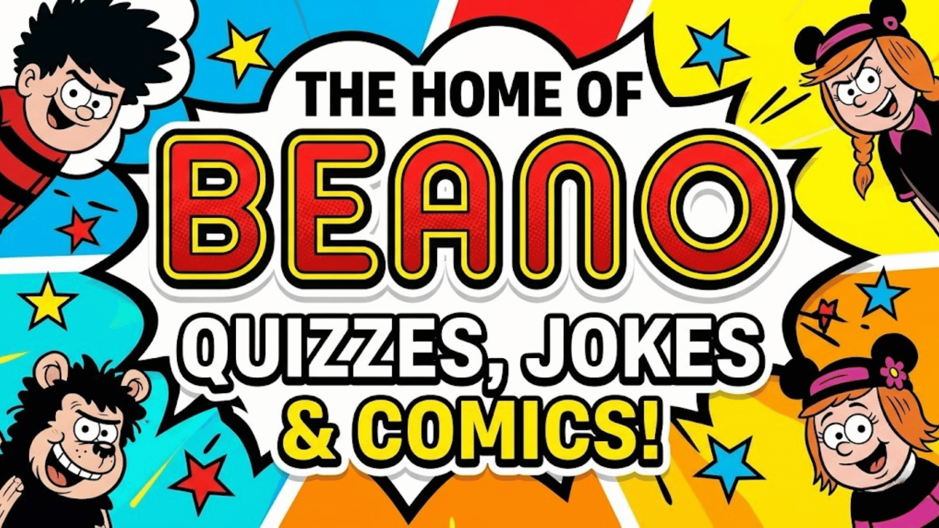 colorful comic book style illustration for the home of beano quizzes jokes and comics (1)