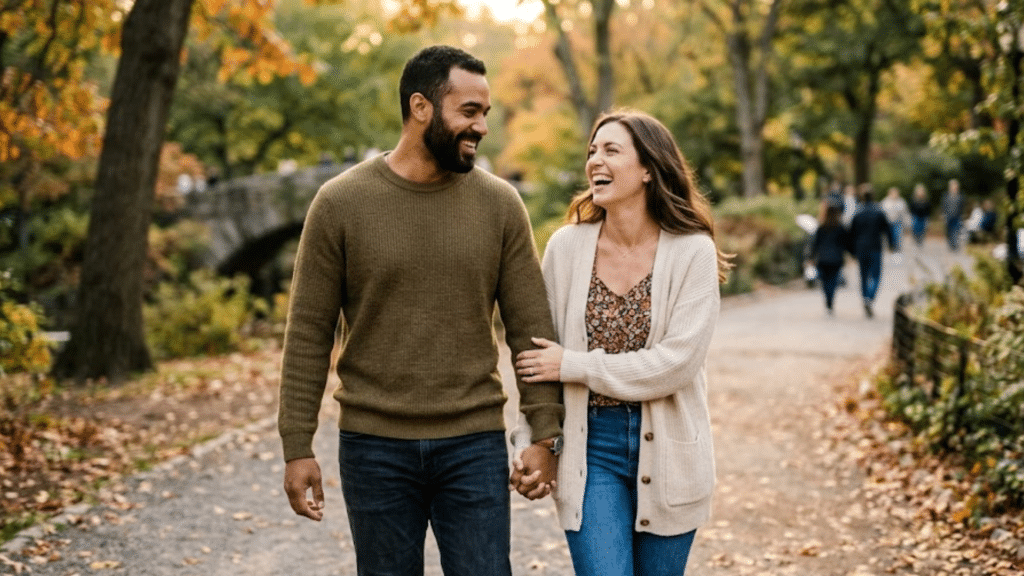couple holding hands and laughing while walking along a tree lined park path with autumn leaves and people in background