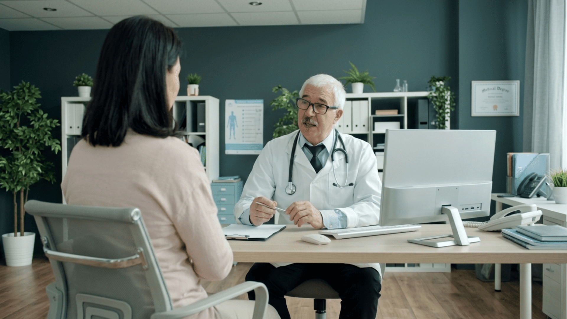 doctor with gray hair talking to a patient over a desk in a modern office