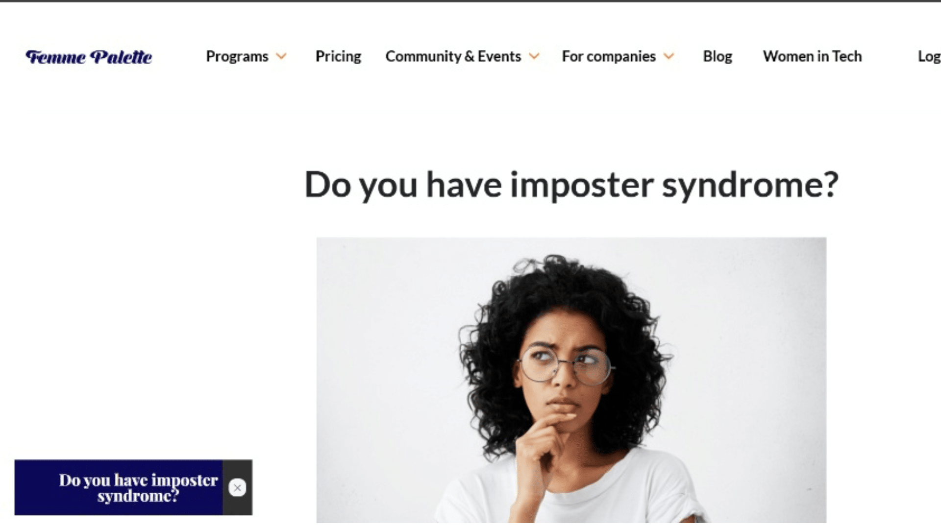 femme palette website homepage displaying an imposter syndrome query with a portrait of a thinking woman