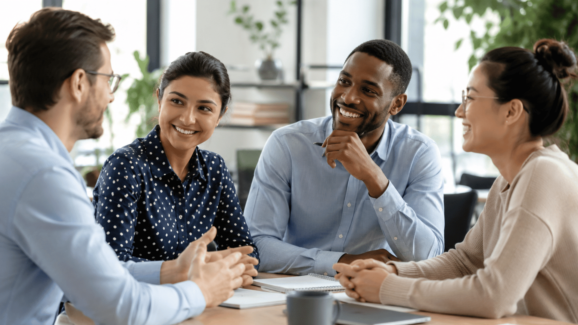 four coworkers smiling and talking around a meeting table during a collaborative discussion in a bright modern office space