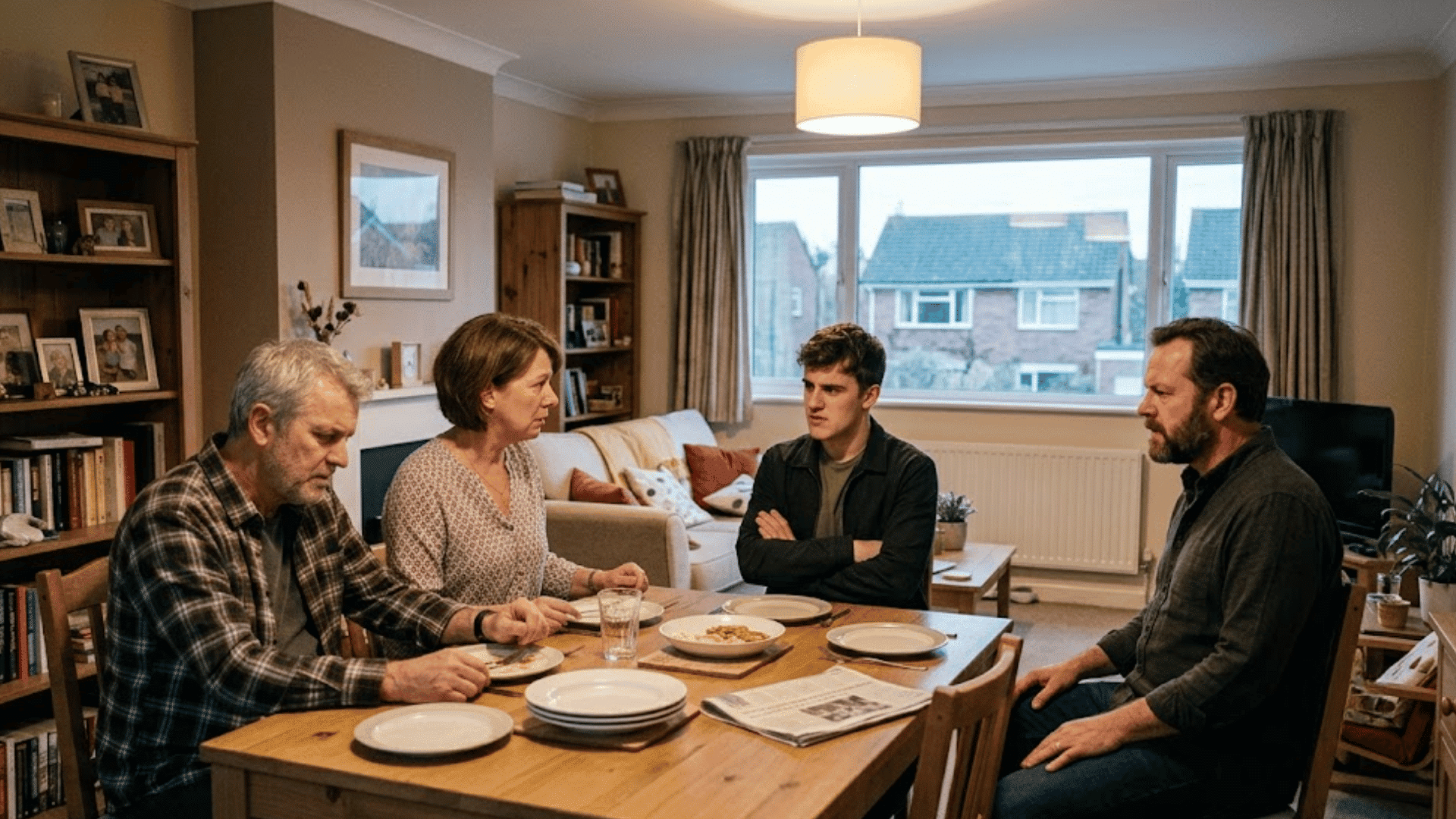 four family members sitting around a dining table with serious expressions during a quiet discussion in a comfortable home setting
