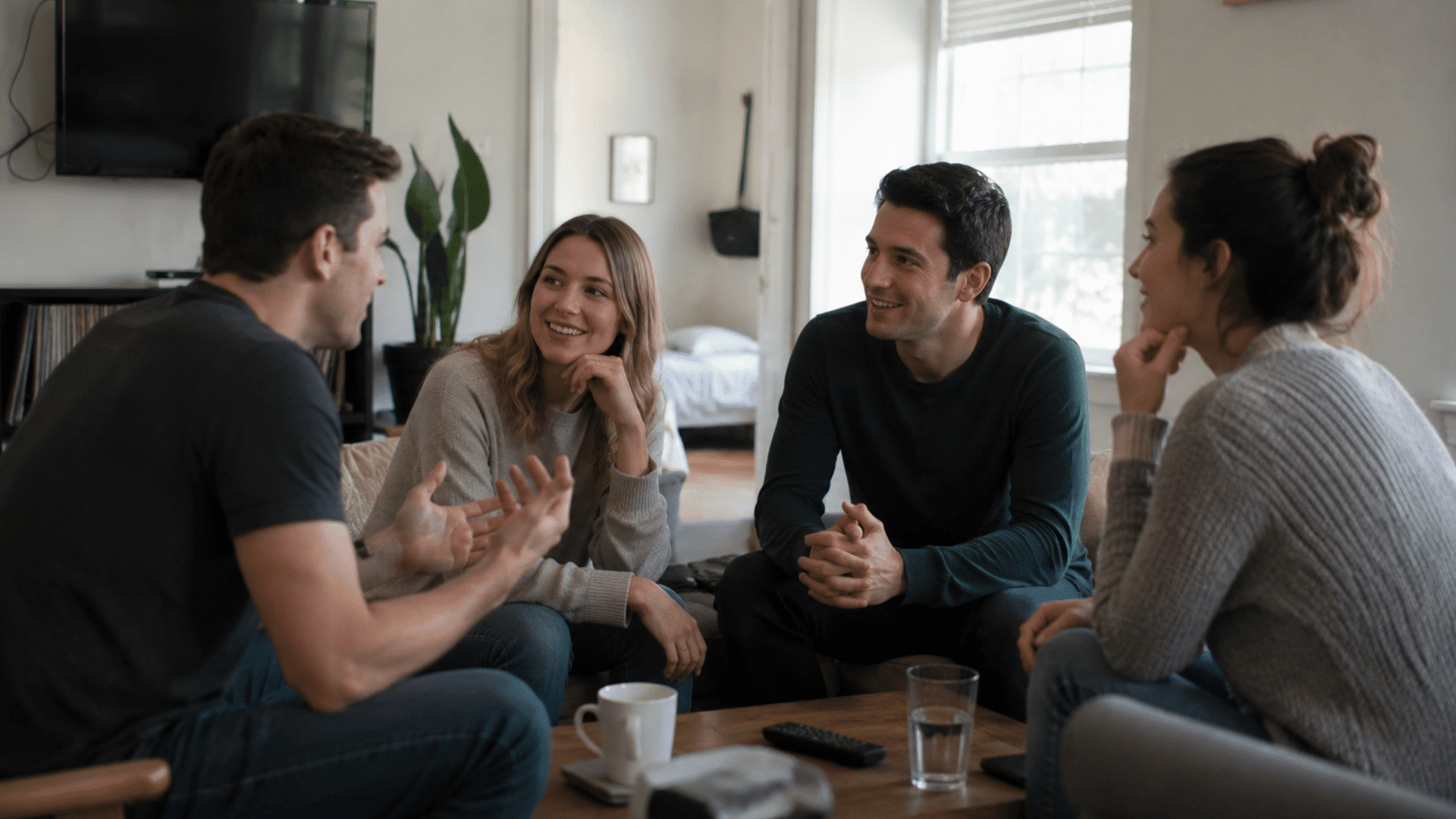 four people sitting together in a living room smiling and talking during a casual group conversation