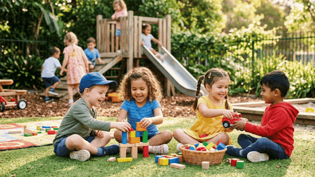 four young children sitting on the grass building with colorful blocks and sharing toy trucks while others play on a playground behind them