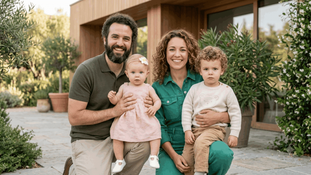 happy family with parents holding their young children outside a modern home surrounded by green plants smiling together